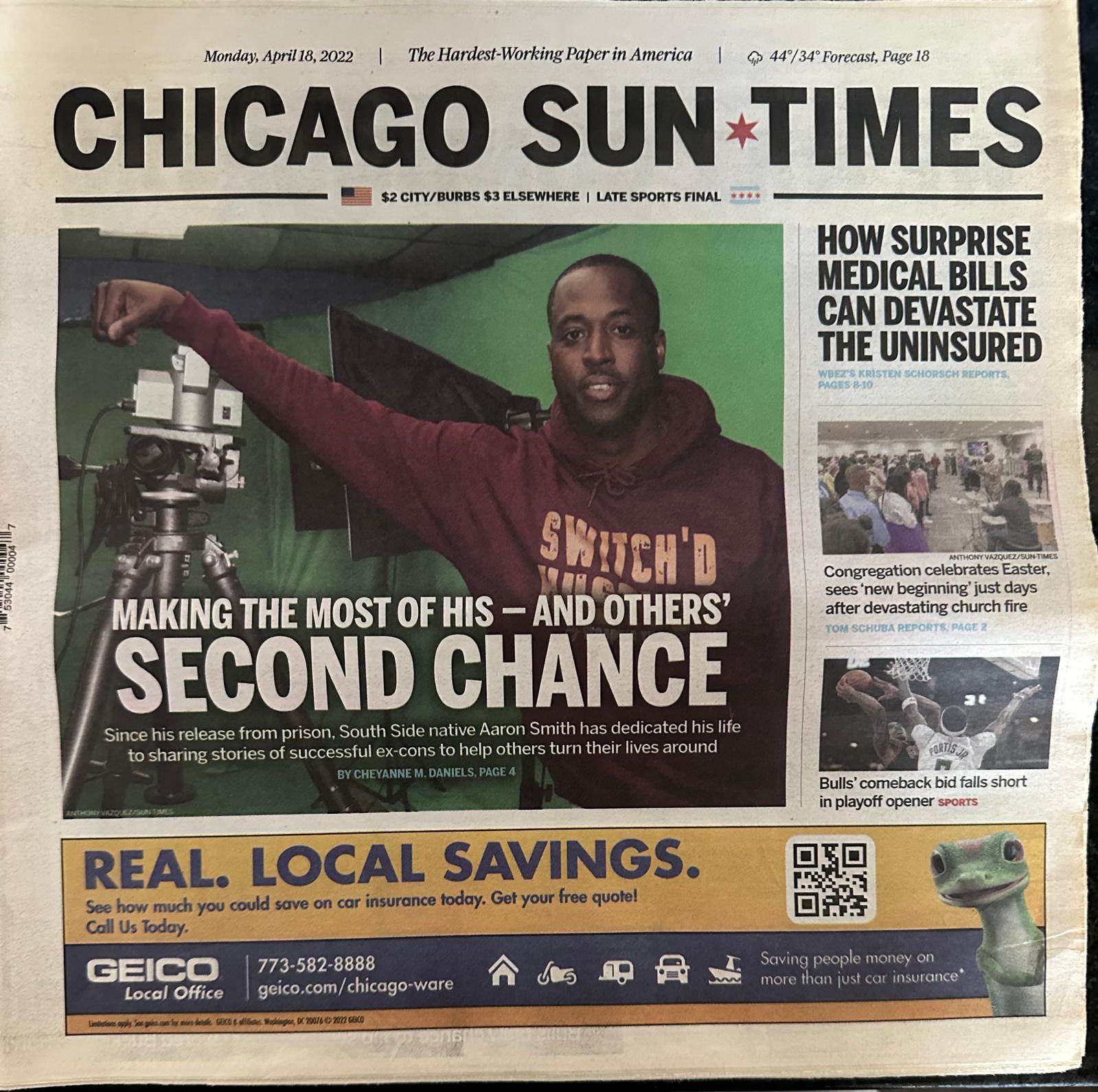 Chicago Sun-Times front page featuring Aaron Smith — Second Chance